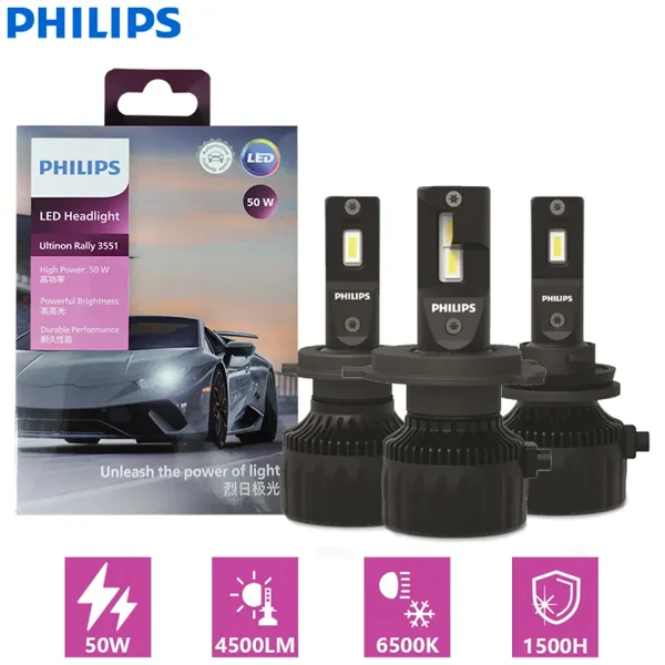 필립스 울티논 랠리 3551 LED 전구, H4 H7 H11 HB3 HB4 HIR2, 최대 출력 50W 4500LM, 자동차 헤드라이트, 6500K, 화이트, 2X