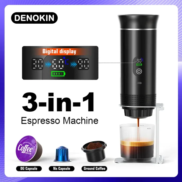 DENOKIN 무선 전기 휴대용 에스프레소 커피 머신, 차량 및 가정용 캠핑용 커피 메이커, 80ml 물탱크 용량, 디지털 디스플레이, 3-in-1 캡슐 파우더 여행용 커피 메이커