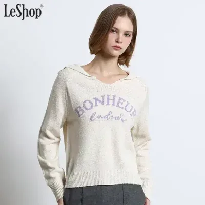 르샵(LeShop) 레터링 자수 V넥 카라 풀오버 니트