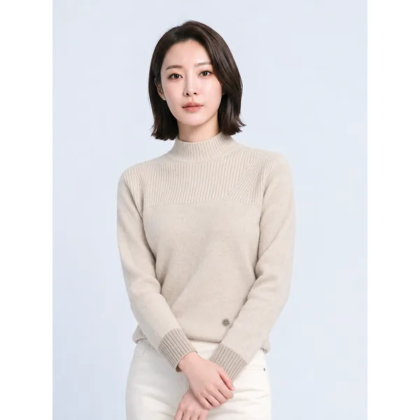 PAT 여성 폭스혼방 변형 배색 풀오버 니트_MK83402