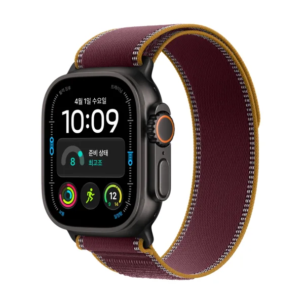 애플워치 울트라 4 셀룰러 블랙 티타늄, 49mm, 버건디 트레일 루프(M L)