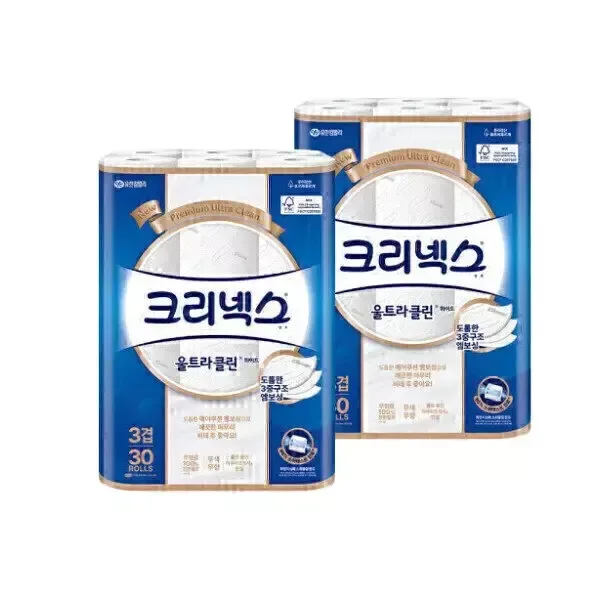 크리넥스 3겹 울트라클린 화이트 25MX30롤 2팩 화장지
