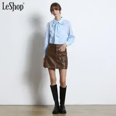 르샵(LeShop) 빈티지 텍스처 레더 미니 A라인 스커트