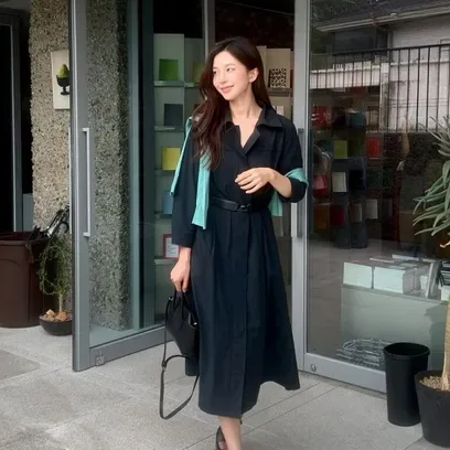 (더아이잗) 오픈 칼라 집업 플레어 셔츠 원피스 IS9A0OP041