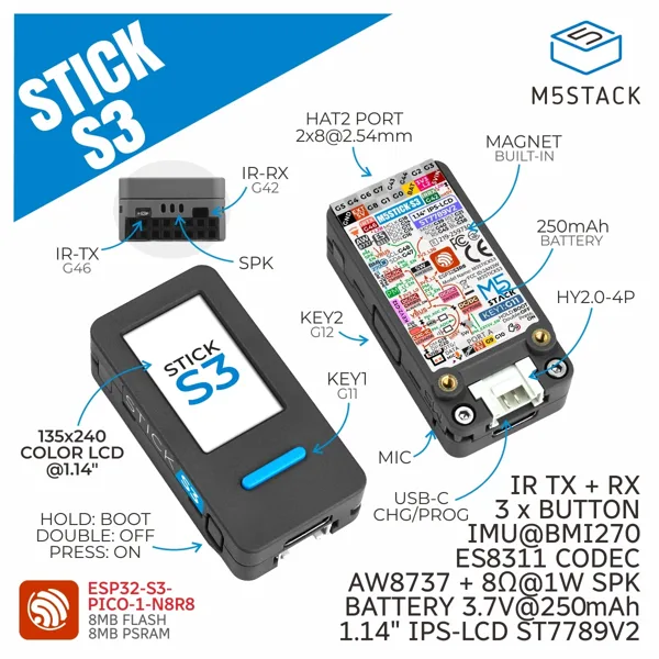 M5Stack 공식 M5StickS3 ESP32S3 미니 IoT 개발 키트
