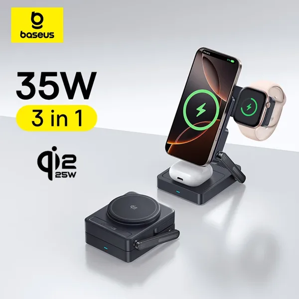베이스어스 3 in 1 마그네틱 무선 충전기 Qi2.2 25W 고속 충전 아이폰 17 16 15 14 애플워치 이어버드 에어팟 프로 iWatch용